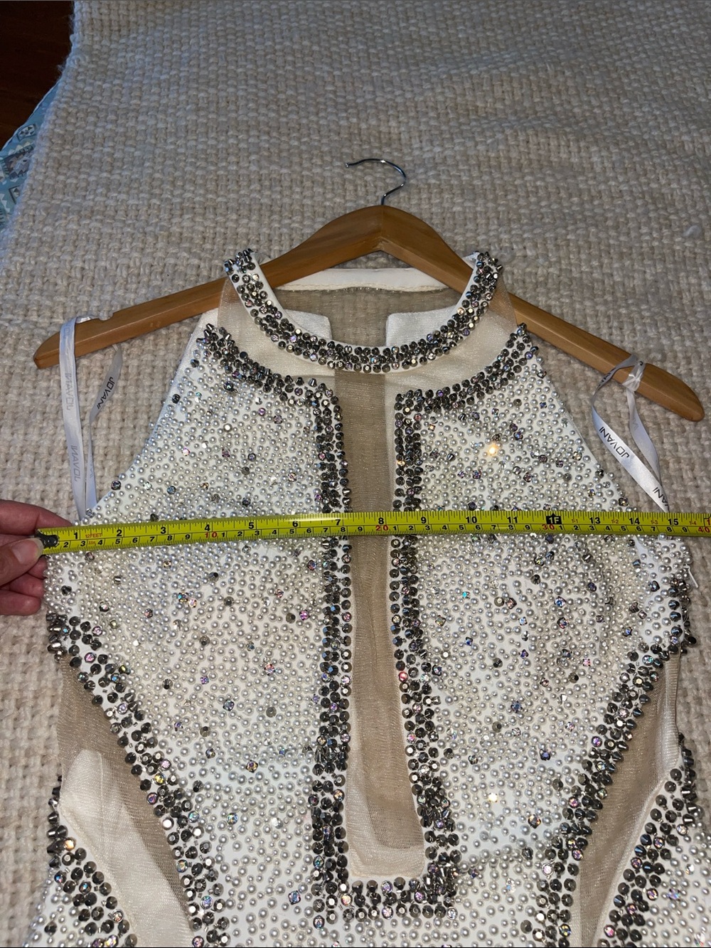 Jovani Ivory Beaded Halter Mini Dress with Silver Accents - Picture 13 of 14